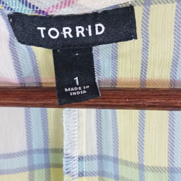 Torrid Plus Sz 1 Tie-Waist Plaid Duster Kimono Yellow Blue Pink Midi Cover-Up - Picture 11 of 13